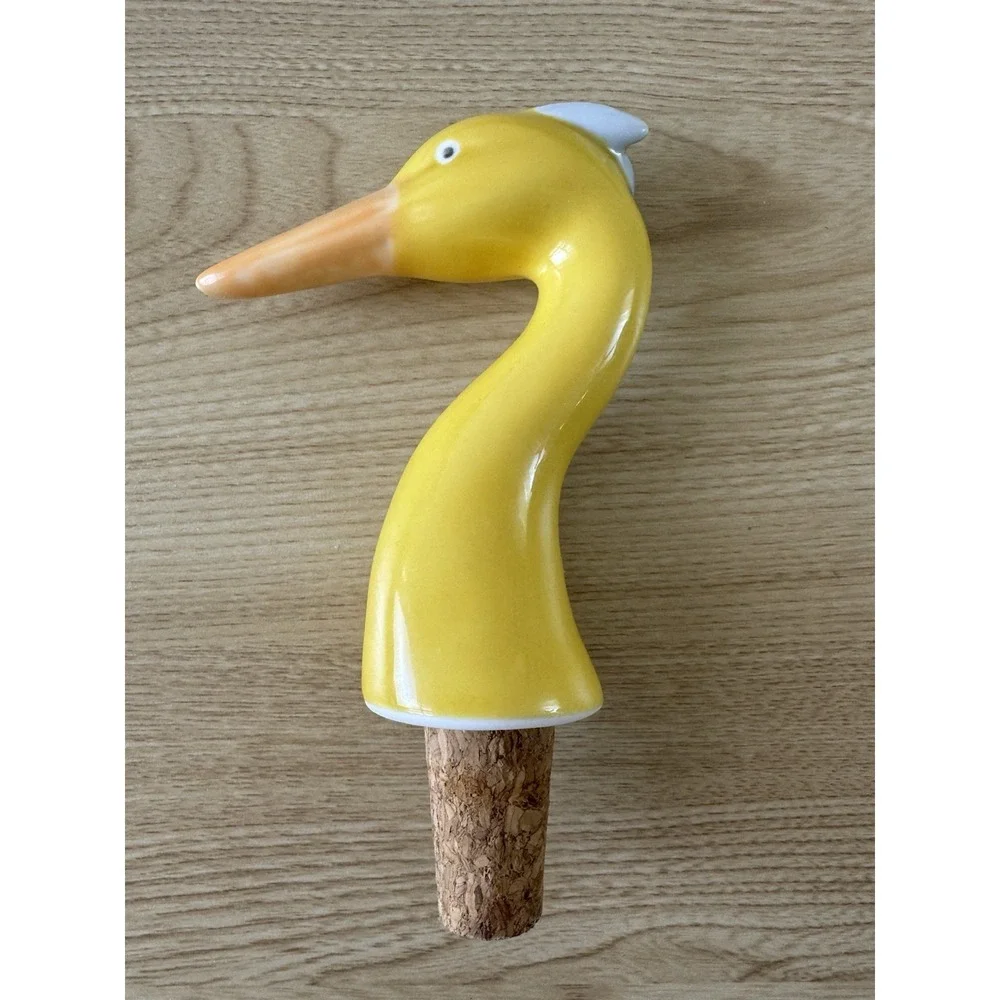Yellow Ceramic Heron Crane Bird Wine Bottle Stopper Cork Long Beak Whimsical
